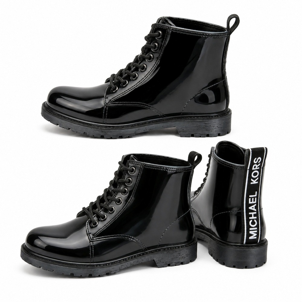 Michael Kors Tavie Rain Boots Women's 6 PVC Black Combat Logo Tape Rainwear